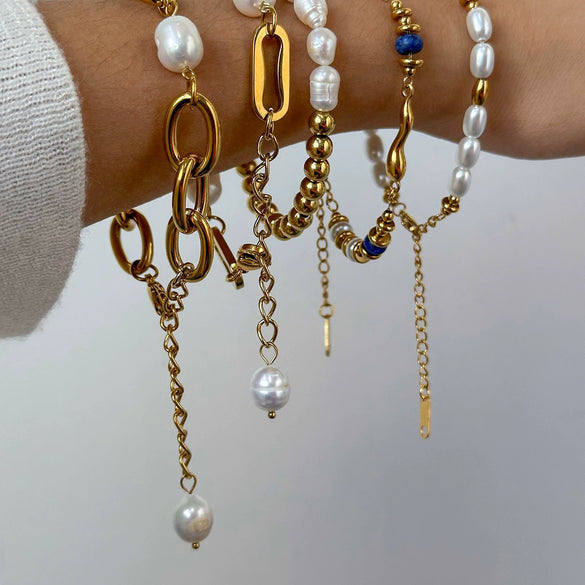 Wholesale Women's Stainless Steel Pearl Stacked Bracelet With Geometric Design And Electroplating