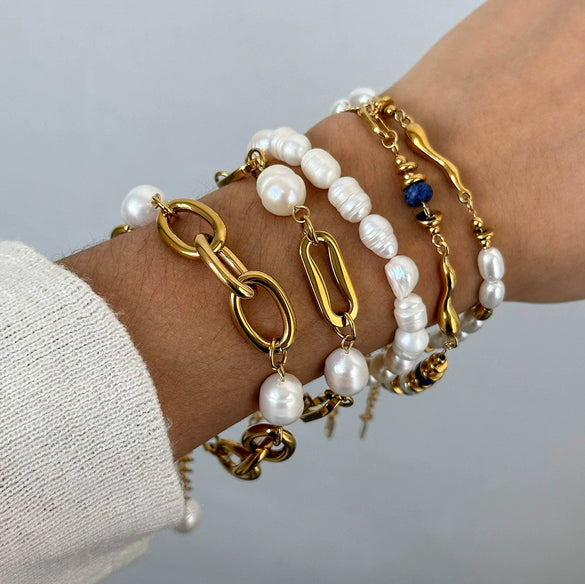 Wholesale Women's Stainless Steel Pearl Stacked Bracelet With Geometric Design And Electroplating