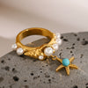 Wholesale Women's Stainless Steel Pearl Starfish Beaded Ring With Geometric Pattern And Electroplating French Retro Style