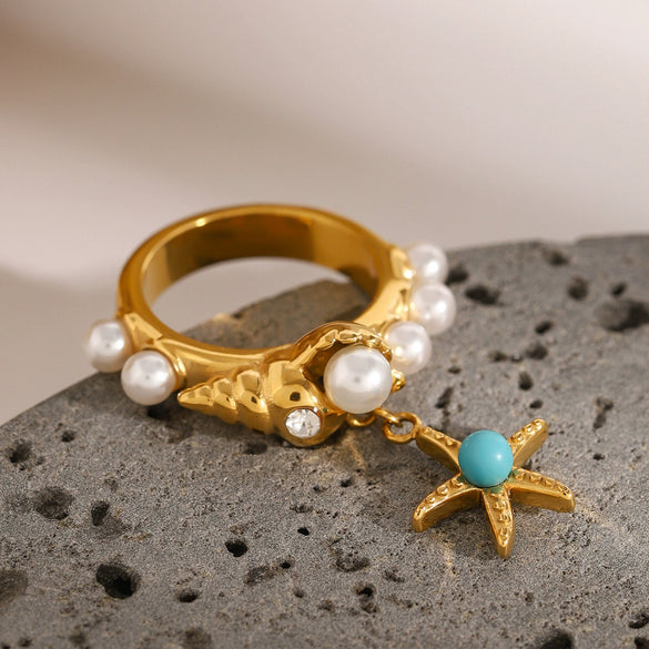 Wholesale Women's Stainless Steel Pearl Starfish Beaded Ring With Geometric Pattern And Electroplating French Retro Style