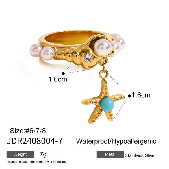Wholesale Women's Stainless Steel Pearl Starfish Beaded Ring With Geometric Pattern And Electroplating French Retro Style