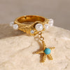 Wholesale Women's Stainless Steel Pearl Starfish Beaded Ring With Geometric Pattern And Electroplating French Retro Style