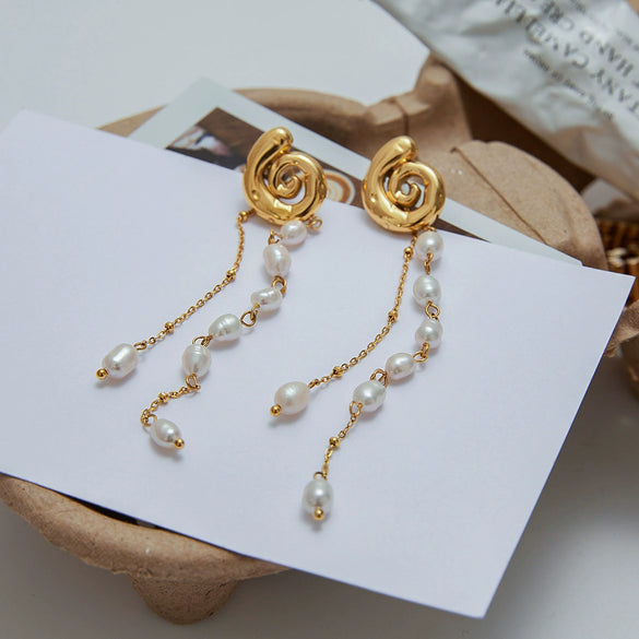 Wholesale Women's Stainless Steel Pearl Tassel Earrings Geometric Design Electroplated Light Luxury High End Jewelry