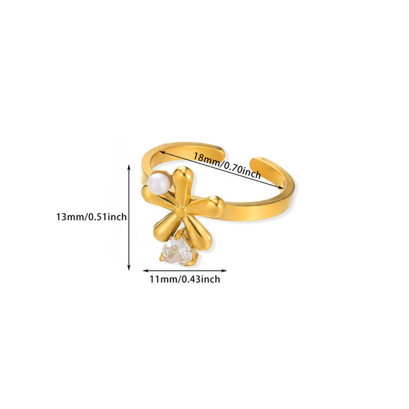 Wholesale Women's Stainless Steel Pearl Zircon Hollow Geometric Opening Starfish Shell Ring Electroplated
