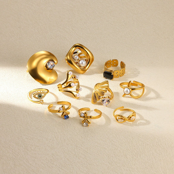 Wholesale Women's Stainless Steel Pearl Zircon Hollow Geometric Opening Starfish Shell Ring Electroplated