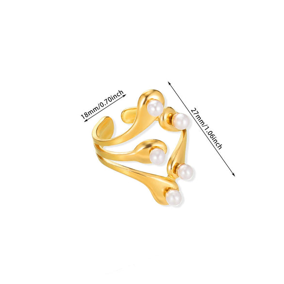 Wholesale Women's Stainless Steel Pearl Zircon Hollow Geometric Opening Starfish Shell Ring Electroplated