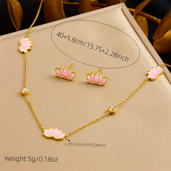 Wholesale Women's Stainless Steel Plants And Flowers Pattern Electroplated Jewelry Set With O Chain Necklace Earring Bracelet