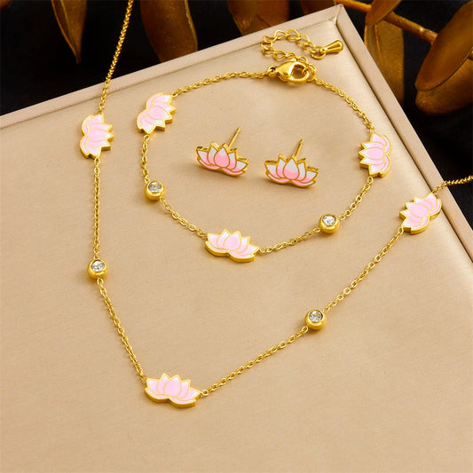 Wholesale Women's Stainless Steel Plants And Flowers Pattern Electroplated Jewelry Set With O Chain Necklace Earring Bracelet
