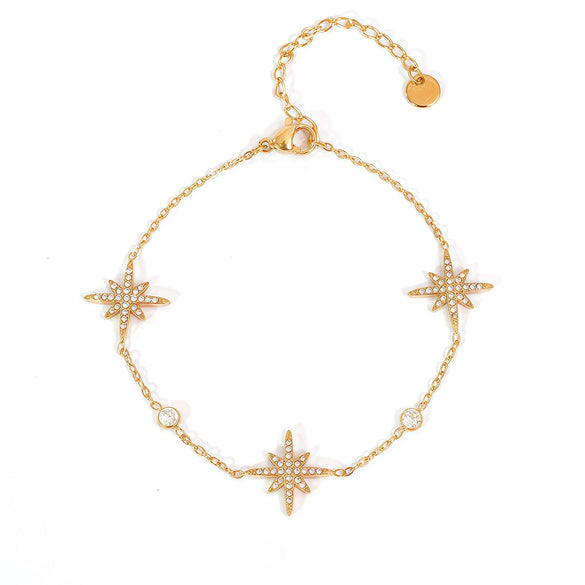 Wholesale Women's Stainless Steel Real Gold Plated Bracelet With Heart Circle And Eight Pointed Star Design