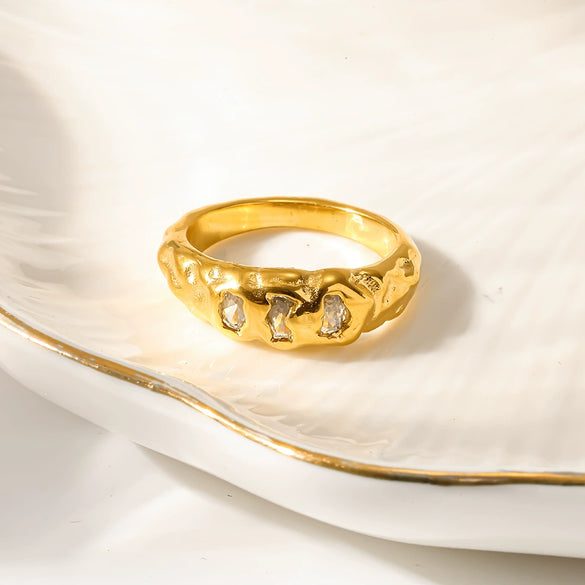 Wholesale Women's Stainless Steel Real Gold Plated Diamond Zircon Ring With Irregular Texture