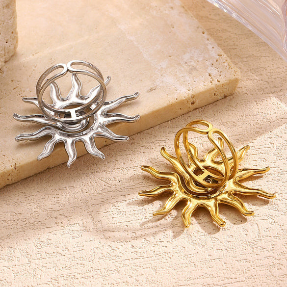 Wholesale Women's Stainless Steel Real Gold Plated Sun Symbol Ring Jewelry Classic Retro Minimalist Style