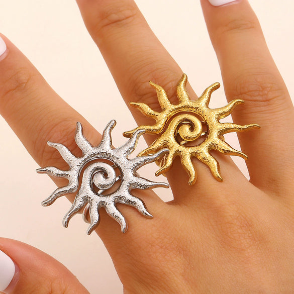 Wholesale Women's Stainless Steel Real Gold Plated Sun Symbol Ring Jewelry Classic Retro Minimalist Style