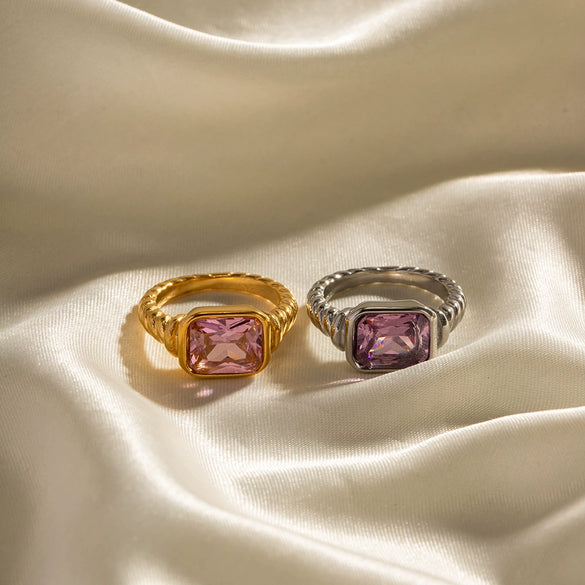 Wholesale Women's Stainless Steel Rectangular Ring With Pink Zircon And Geometric Design Electroplated