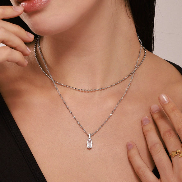 Wholesale Women's Stainless Steel Rectangular Zircon Beads Multilayer Clavicle Necklace With Geometric Pattern And Pvd Plating Design