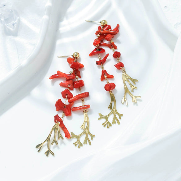 Wholesale Women's Stainless Steel Red Coral Chain Tassel Dangle Stud Earrings With Electroplating And Plants Flowers Style