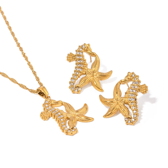 Wholesale Women's Stainless Steel Retro Geometric Animals Seahorse Starfish Onepiece Diamond Earrings With Electroplating