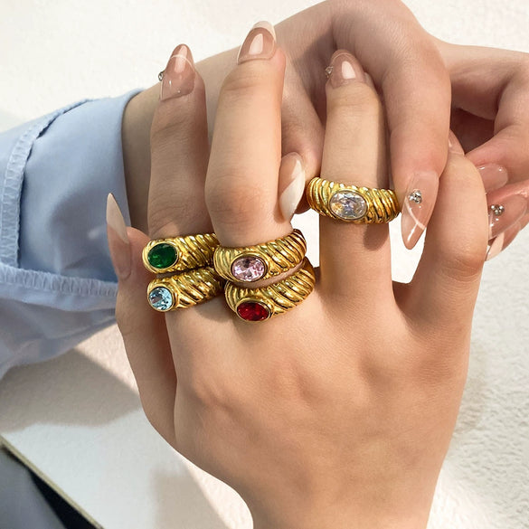 Wholesale Women's Stainless Steel Retro Personality Opening Ring With 18K Gold Plated Electroplating And Multicolor Zircon Inlay Geometric Pattern