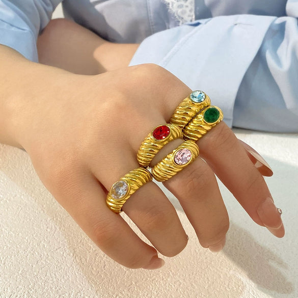 Wholesale Women's Stainless Steel Retro Personality Opening Ring With 18K Gold Plated Electroplating And Multicolor Zircon Inlay Geometric Pattern