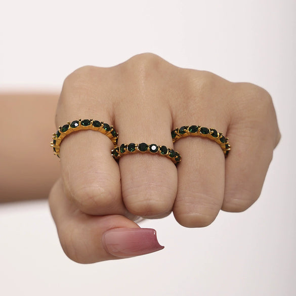 Wholesale Women's Stainless Steel Ring Inlaid With Green Glass Stone Pvd Plated 18K Gold Geometric Light Luxury Handmade Jewelry