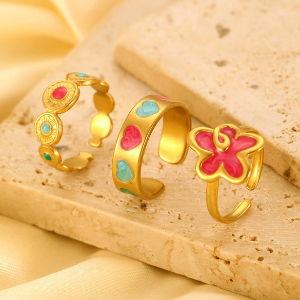 Wholesale Women's Stainless Steel Ring Retro Inlaid Colored Stone Geometric Star Pattern Electroplated