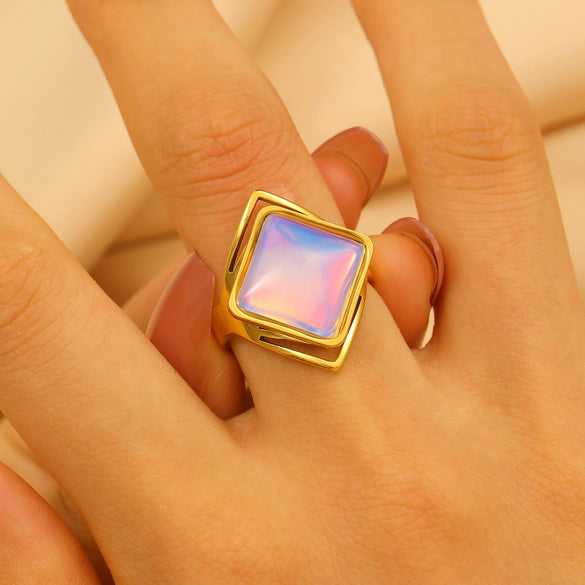 Wholesale Women's Stainless Steel Ring Retro Inlaid Colored Stone Geometric Star Pattern Electroplated