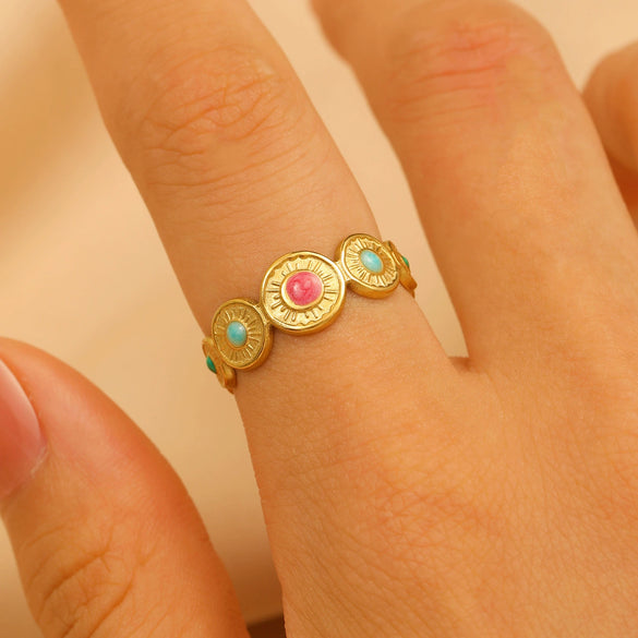 Wholesale Women's Stainless Steel Ring Retro Inlaid Colored Stone Geometric Star Pattern Electroplated