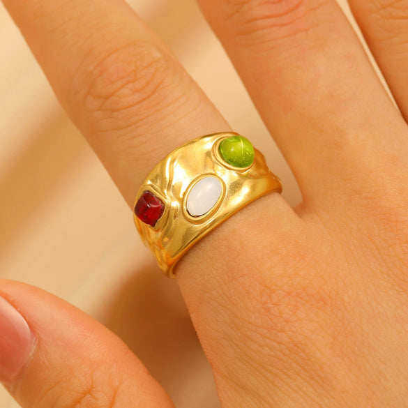Wholesale Women's Stainless Steel Ring Retro Inlaid Colored Stone Geometric Star Pattern Electroplated