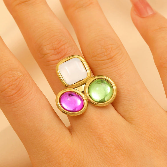 Wholesale Women's Stainless Steel Ring Retro Inlaid Colored Stone Geometric Star Pattern Electroplated