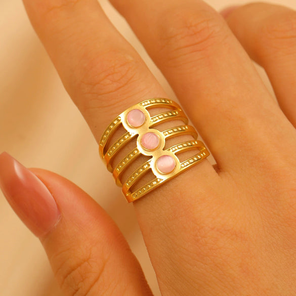 Wholesale Women's Stainless Steel Ring Retro Inlaid Colored Stone Geometric Star Pattern Electroplated