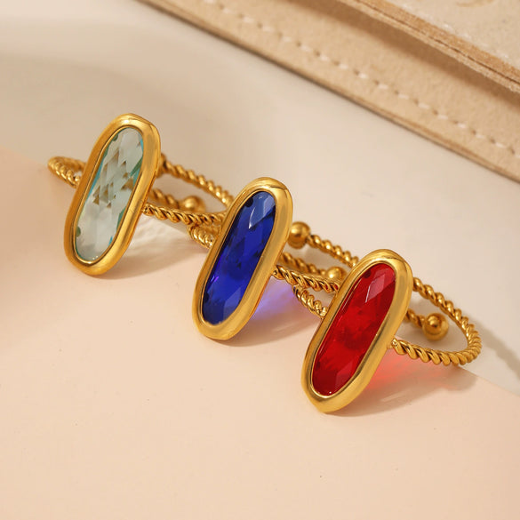 Wholesale Women's 316L Stainless Steel Ring With Geometric Pattern And 18K Real Gold Electroplating Czech Glass And Threaded Steel Ball Design