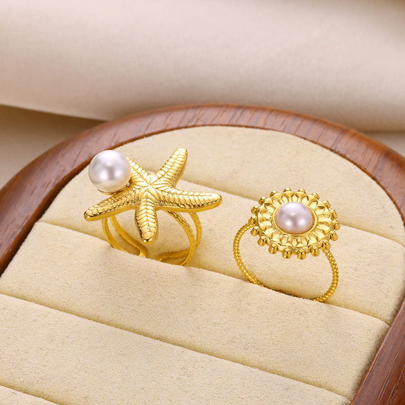 Wholesale Women's Stainless Steel Ring With Shell Marine Elements Imitation Pearl Starfish For Summer Beach Resort Electroplated
