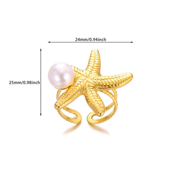 Wholesale Women's Stainless Steel Ring With Shell Marine Elements Imitation Pearl Starfish For Summer Beach Resort Electroplated