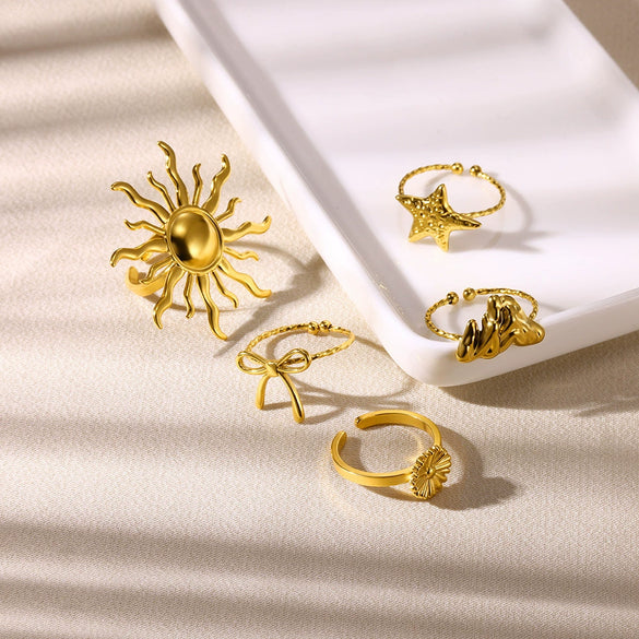 Wholesale Women's Stainless Steel Ring With Sunflower Bow And Star Design And Electroplating Treatment