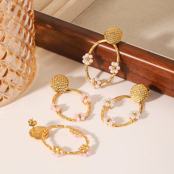 Wholesale Women's Stainless Steel Round Flower Geometric Pattern Electroplated Earrings