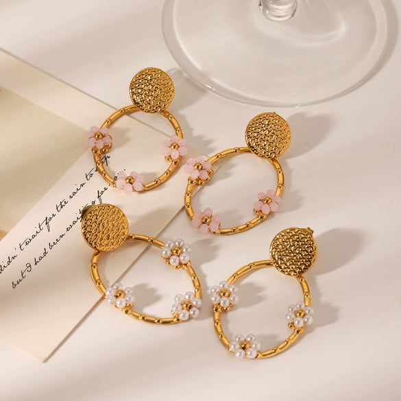 Wholesale Women's Stainless Steel Round Flower Geometric Pattern Electroplated Earrings
