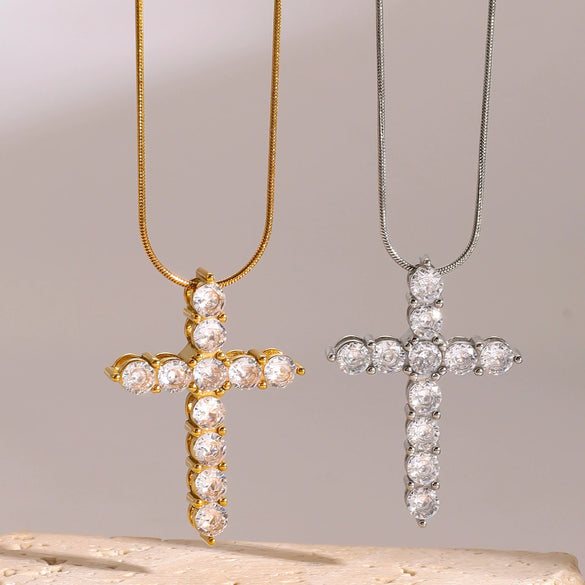 Wholesale Women's Stainless Steel Round Geometric Cross Pendant Necklace With Electroplating