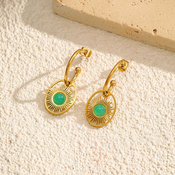Wholesale Women's Stainless Steel Round Hollow Zircon Geometric Sunflower Pvd Furnace Vacuum Real Gold Plated Earrings