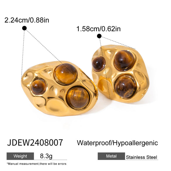 Wholesale Women's Stainless Steel Round Irregular Tiger Eye Stone Earrings With Electroplating And Geometric Design Jewelry