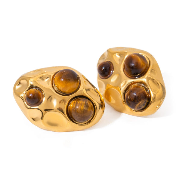 Wholesale Women's Stainless Steel Round Irregular Tiger Eye Stone Earrings With Electroplating And Geometric Design Jewelry