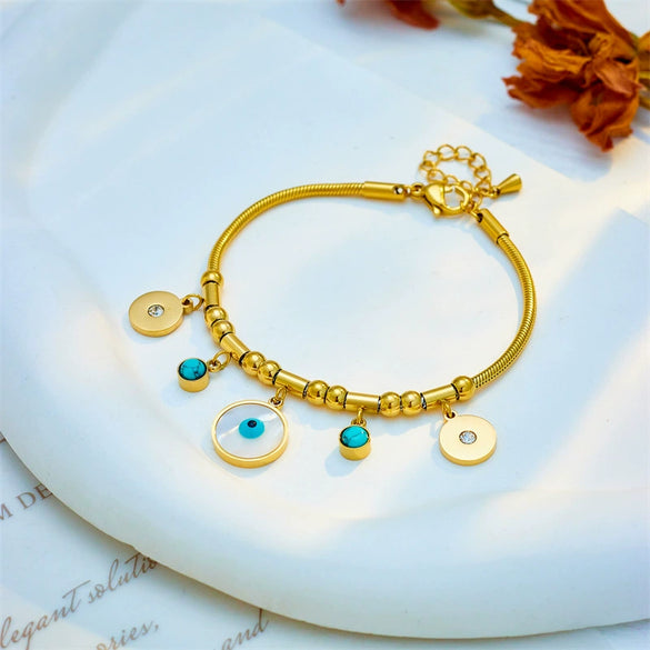 Wholesale Women's Stainless Steel Round Plate Pendant With Blueeyed Pattern And Electroplated Titanium Steel Chain Metal Bracelet