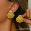 Wholesale Women's Stainless Steel Scallop Geometric Earrings With Marine Element Striped Design And Electroplating Treatment