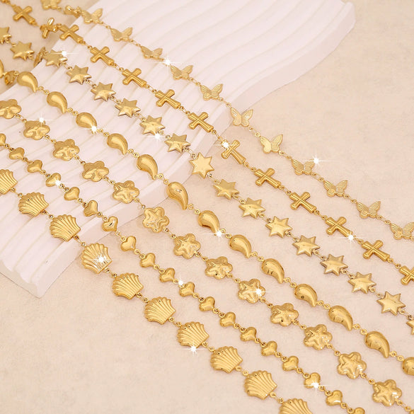 Wholesale Women's Stainless Steel Scallop Love Chain Necklace With Water Drops Cross Pendant Electroplated Star Heart Flower Pattern