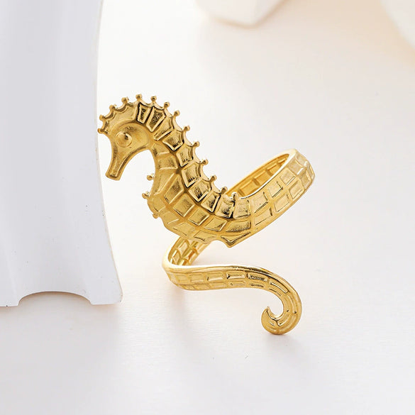 Wholesale Women's Stainless Steel Seahorse Ring With Electroplating And Fashionable Design