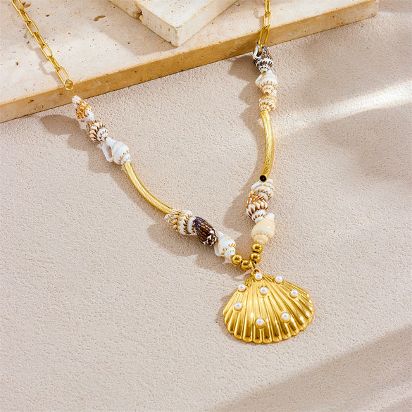 Wholesale Women's Stainless Steel Shell Conch Pendant Clavicle Chain Necklace Vintage Fashion Animal Style Electroplated
