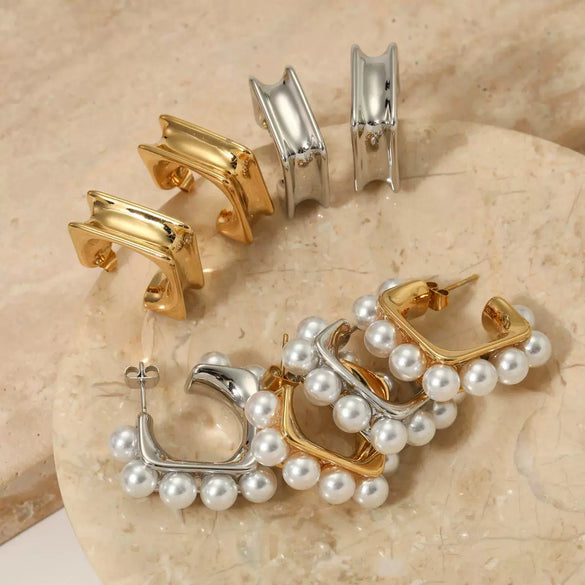 Wholesale Women's 316 Stainless Steel Shell Pearl Inlaid C Shaped Electroplated High End Fashion Earrings