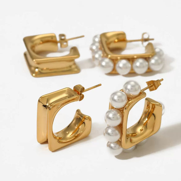 Wholesale Women's 316 Stainless Steel Shell Pearl Inlaid C Shaped Electroplated High End Fashion Earrings