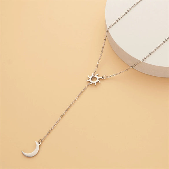 Wholesale Women's Stainless Steel Simple Clavicle Chain With Sun Moon Design And Geometric Pattern Ochain Long Necklace