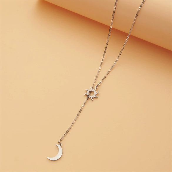 Wholesale Women's Stainless Steel Simple Clavicle Chain With Sun Moon Design And Geometric Pattern Ochain Long Necklace