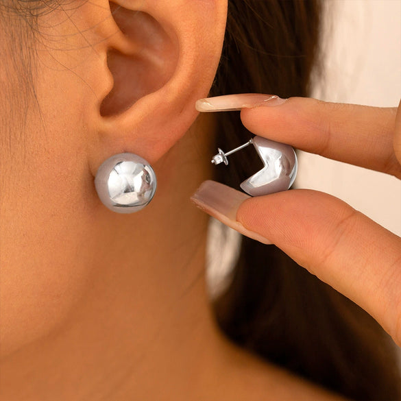 Wholesale Women's 316L Stainless Steel Simple Cold Style Semiround Hollow Geometric Electroplated Ball Earrings