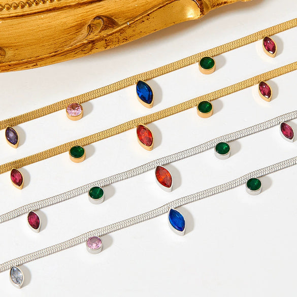 Wholesale Women's Stainless Steel Snake Bone Chain Jewelry Set With Colored Zircon Love Water Drops Bell Pattern Electroplated Tassel Necklace And Anklet